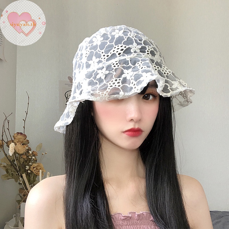 Siyuyan หมวกบักเก็ต หมวกชาวประมง หมวกบังแดด ระบายอากาศ ลูกไม้ ดอกไม้ น่ารัก หวานแหวว แฟชั่นสําหรับผู้หญิง TH