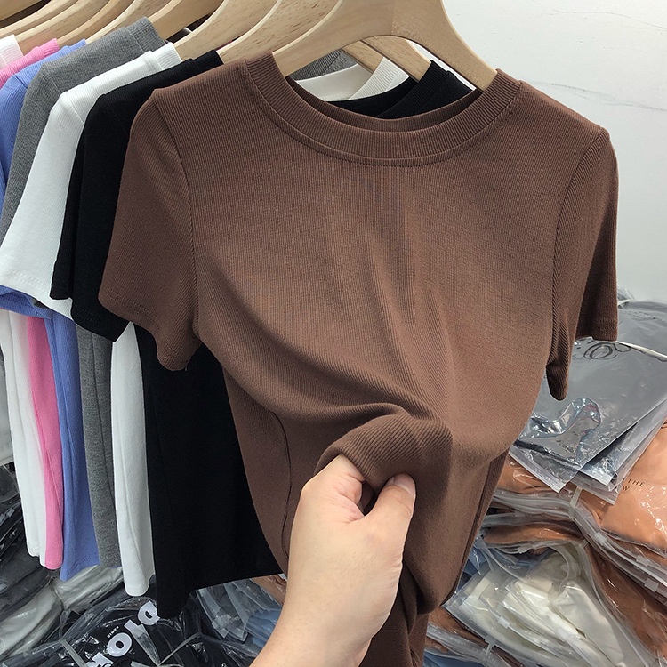 เสื้อยืดแขนสั้นลําลอง คอกลม สีพื้น แฟชั่นฤดูร้อน สําหรับสตรี