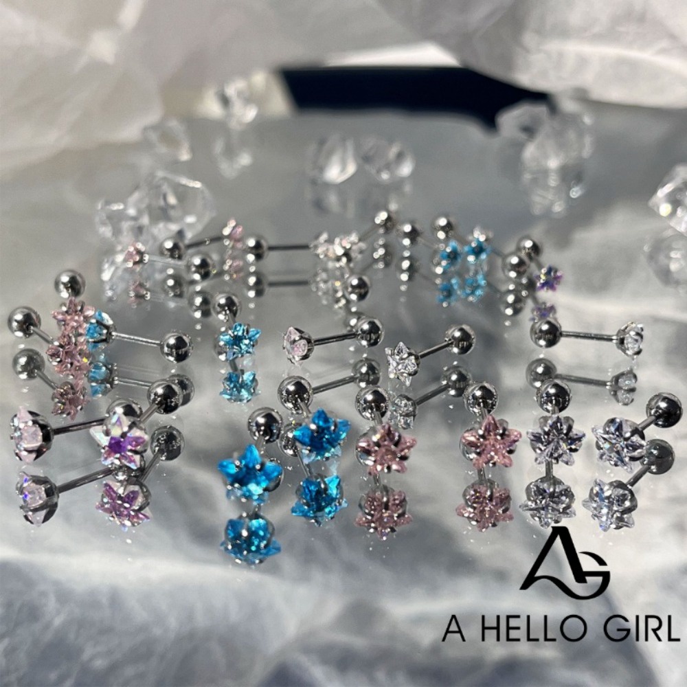 A HELLO GIRL ต่างหูไทเทเนียม รูปดาวห้าแฉก ประดับเพชร เพทาย สีสวยหรู สําหรับผู้หญิง