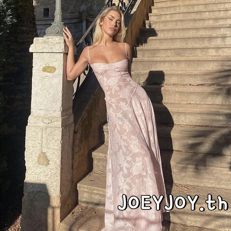 Joeyjoy-ผู้หญิงสปาเก็ตตี้ชุดยาวดอกไม้ลูกไม้sleeveelssสลิงbacklessชุดสําหรับปาร์ตี้วันหยุดชายหาด