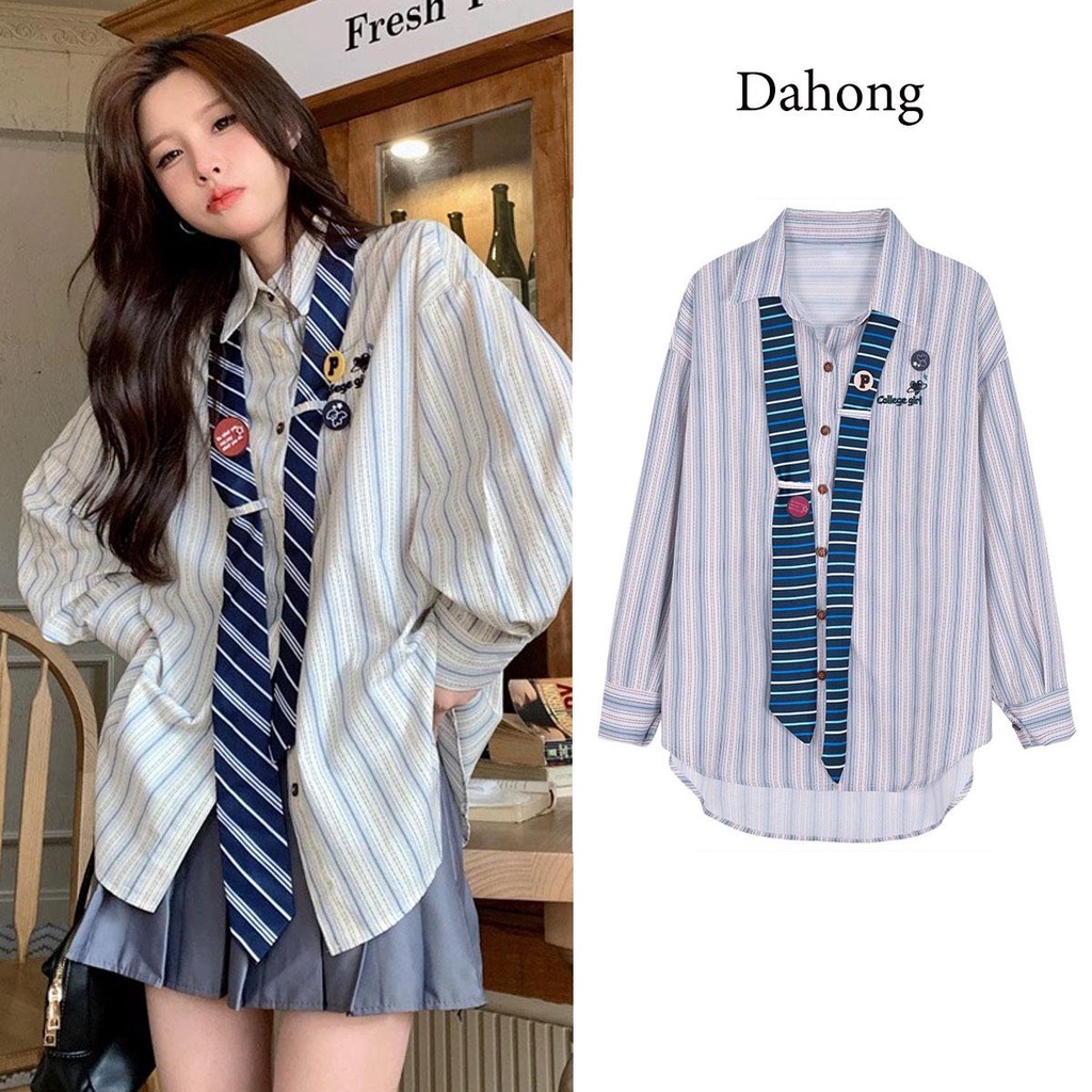 👚Dahong👚W289เสื้อเชิ้ตแขนยาวผู้หญิง สไตล์เกาหลี ลายทาง สไตล์ใหม่ สําหรับผู้หญิง