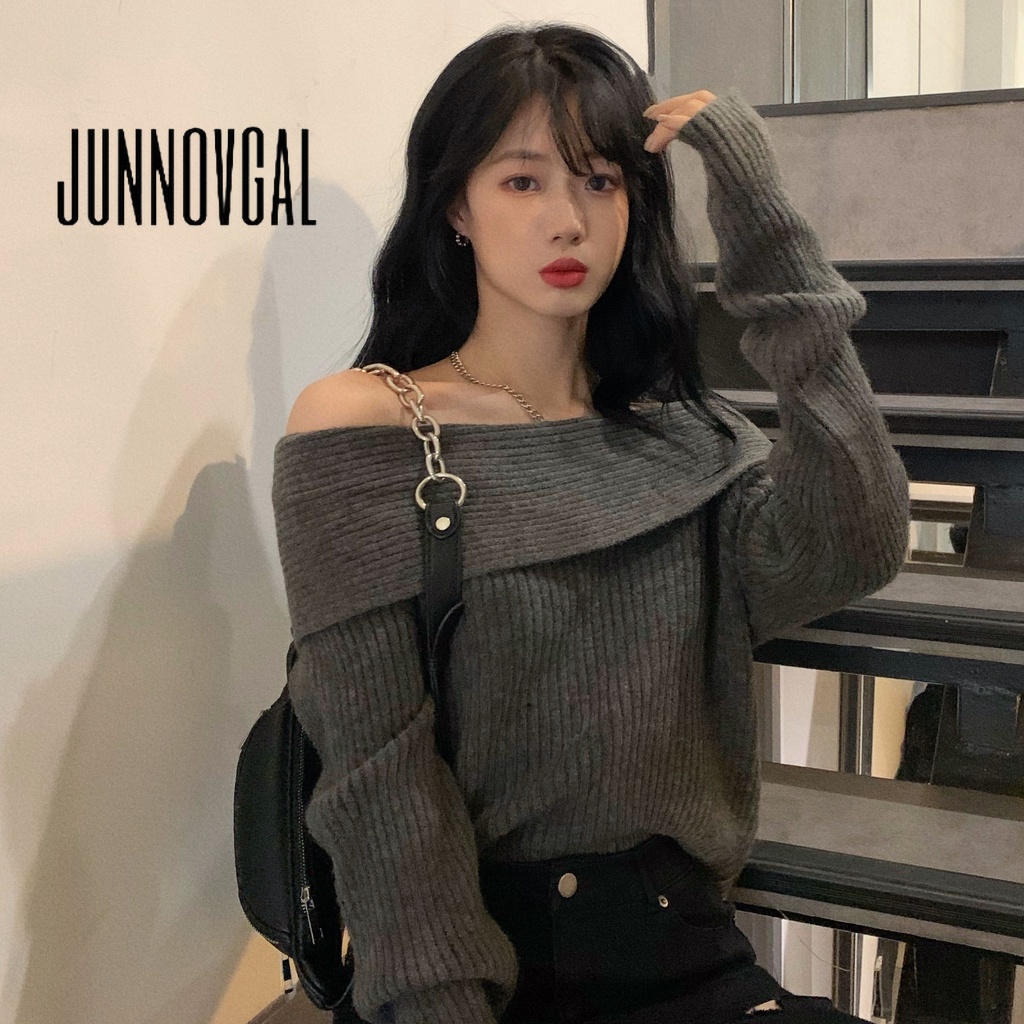 Junnovgal เสื้อยืดแขนยาว เปิดไหล่ ผ้าถัก ทรงสลิมฟิต สไตล์เรโทร สําหรับผู้หญิง 2024
