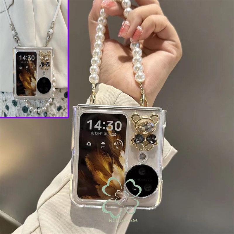 เคสโทรศัพท์มือถือแบบแข็ง ใส กันกระแทก พร้อมสายโซ่คล้องข้อมือ รูปหมี 3D สําหรับ OPPO Find N3 N2