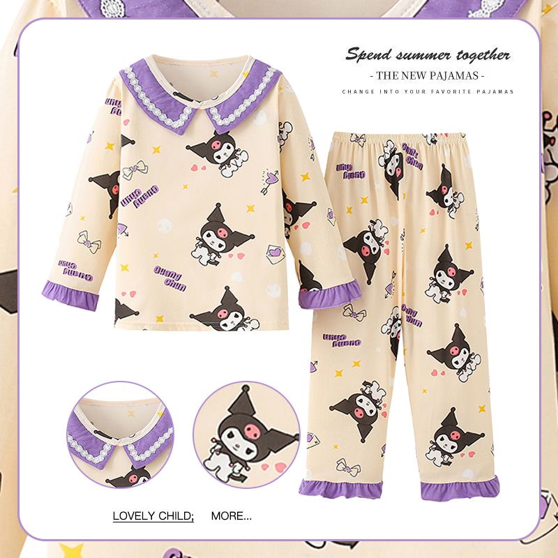 Kuromi ชุดนอน เสื้อแขนยาว และกางเกงขายาว สําหรับเด็กผู้หญิง อายุ 3-14 ปี
