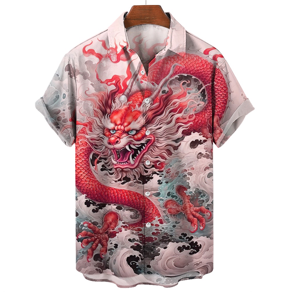 เสื้อเชิ้ตฮาวาย แขนสั้น พิมพ์ลายมังกร 3 มิติ โอเวอร์ไซซ์ แฟชั่นฤดูร้อน สําหรับผู้ชาย 2024