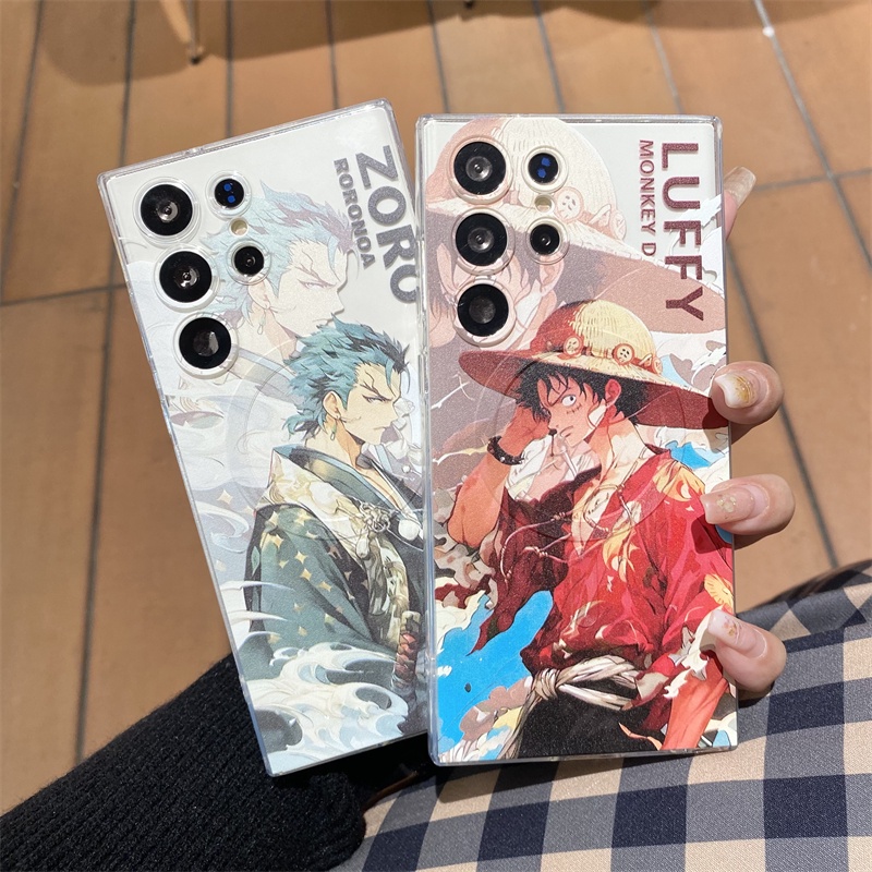 เคสโทรศัพท์มือถือแบบนิ่ม ลายการ์ตูนลูฟี่ โซรอน พร้อมที่ตั้งวาง แม่เหล็ก สําหรับ Samsung Galaxy S24 Ultra S23 S22 Ultra S21fe S23 Plus NOTE20 Ultra