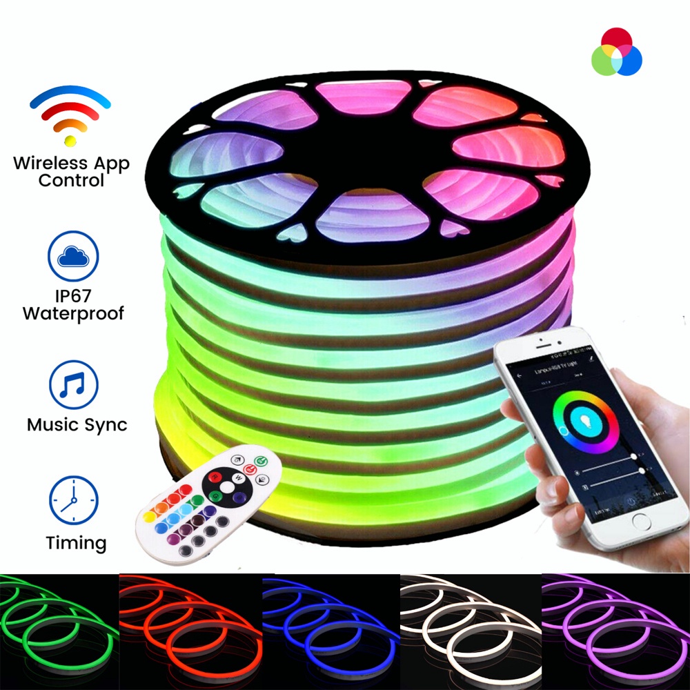 สายไฟนีออน RGB LED บลูทูธ 220V IP67 กันน้ํา ยืดหยุ่น ควบคุมด้วยไฟนีออน 3-20 เมตร