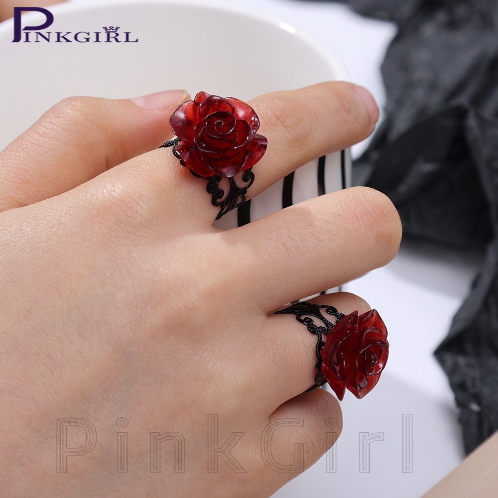 Witch Pagan - แหวนสวมนิ้วมือ โลหะ สีดํา ลายดอกกุหลาบ สีแดงเข้ม สไตล์โกธิค ปรับได้ เครื่องประดับ สําหรับปาร์ตี้ฮาโลวีน ของขวัญ