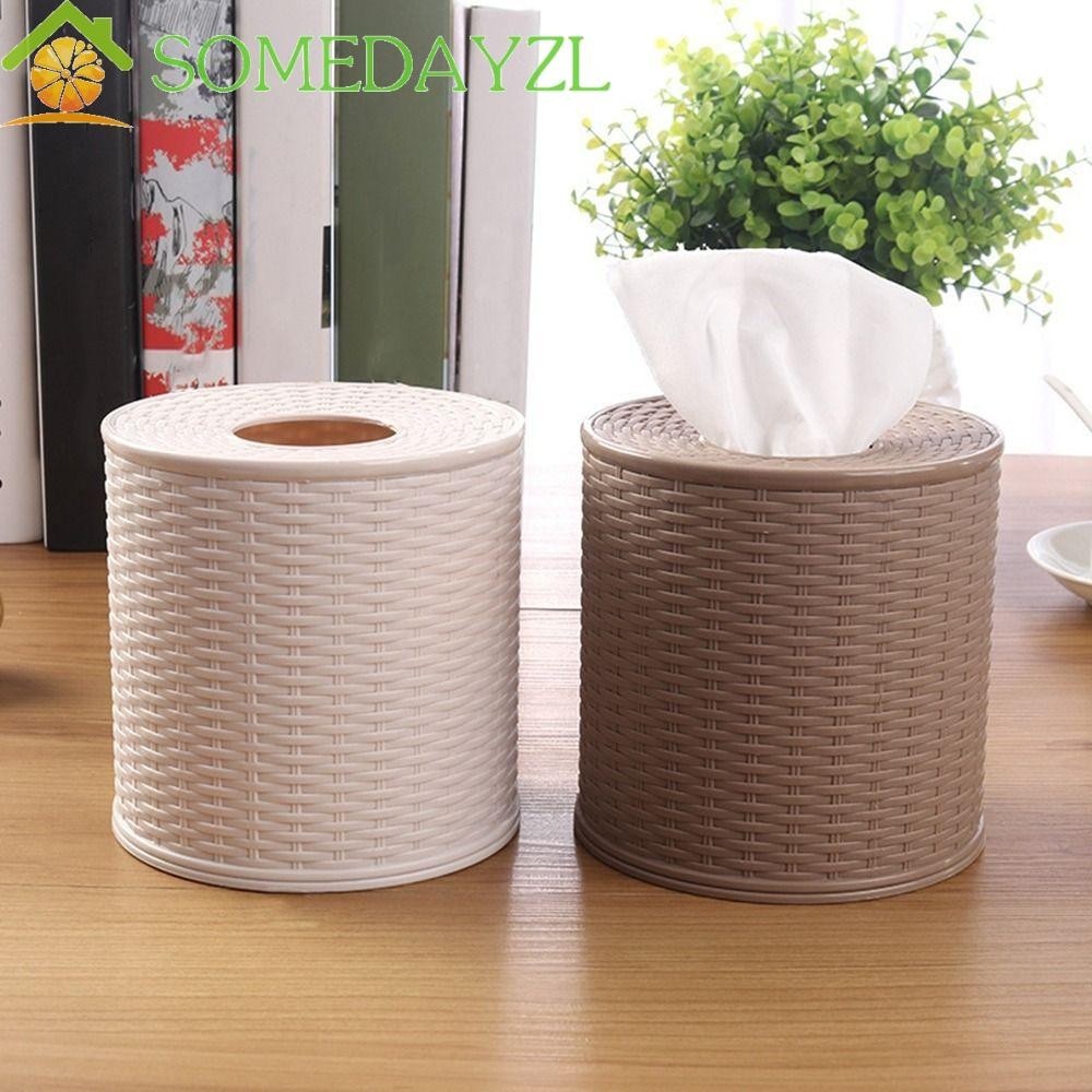 Somedayzl กล่องเก็บทิชชู่หวายจําลอง, กล่องทิชชู่ พลาสติก ทรงกลม สีเบจ / น้ําตาลเข้ม, กล่องทิชชู่ ตกแต่ง สร้างสรรค์ กันฝุ่น ม้วนกระดาษ ชั้นวางภาชนะครัว