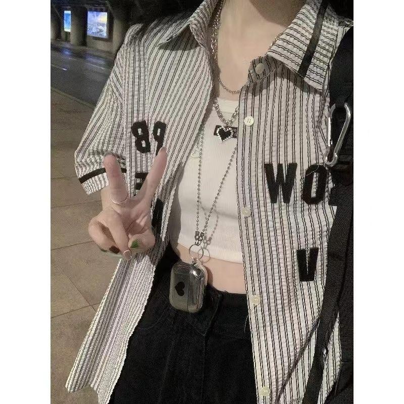 Dahong เสื้อเบลาส์ผู้หญิง oversize เสื้อเชิ้ตโปโล ทรงหลวม ลายทาง แฟชั่นอเมริกันย้อนยุค ลายทาง แฟชั่นอเมริกันย้อนยุค W532 รูปที่ 6