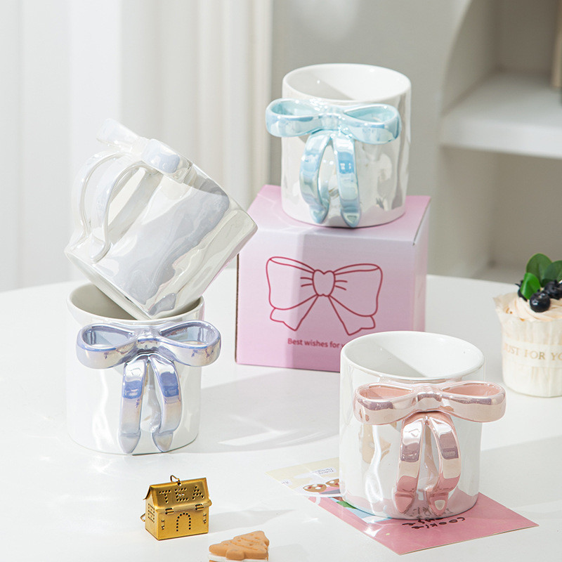 [คลังสินค้าพร้อม] MJshop Mug Bow Electroplating Cute Free Girls Ceramic ins High-End Feeling