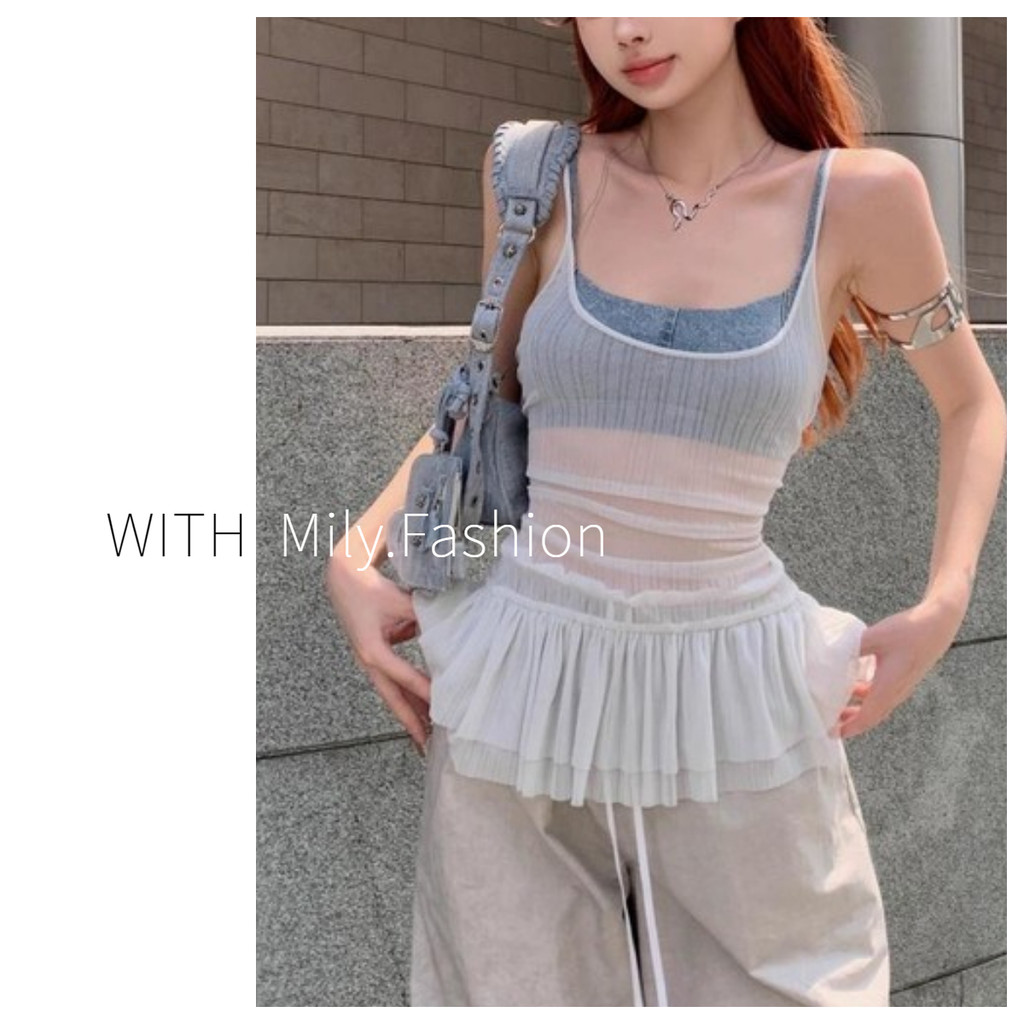 Milyfashion เสื้อสายเดี่ยวยืดสั้นสไตล์แฟรี่โปร่งใส Breath Ruffled All-Match