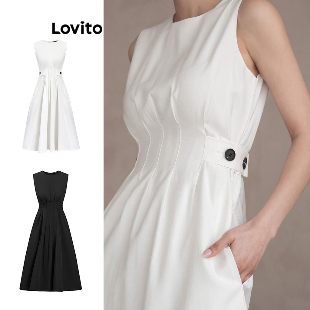 Lovito เดรสผู้หญิง แต่งจีบ มีกระดุม สีพื้น สไตล์หรูหรา L74ED183(หลากสี)