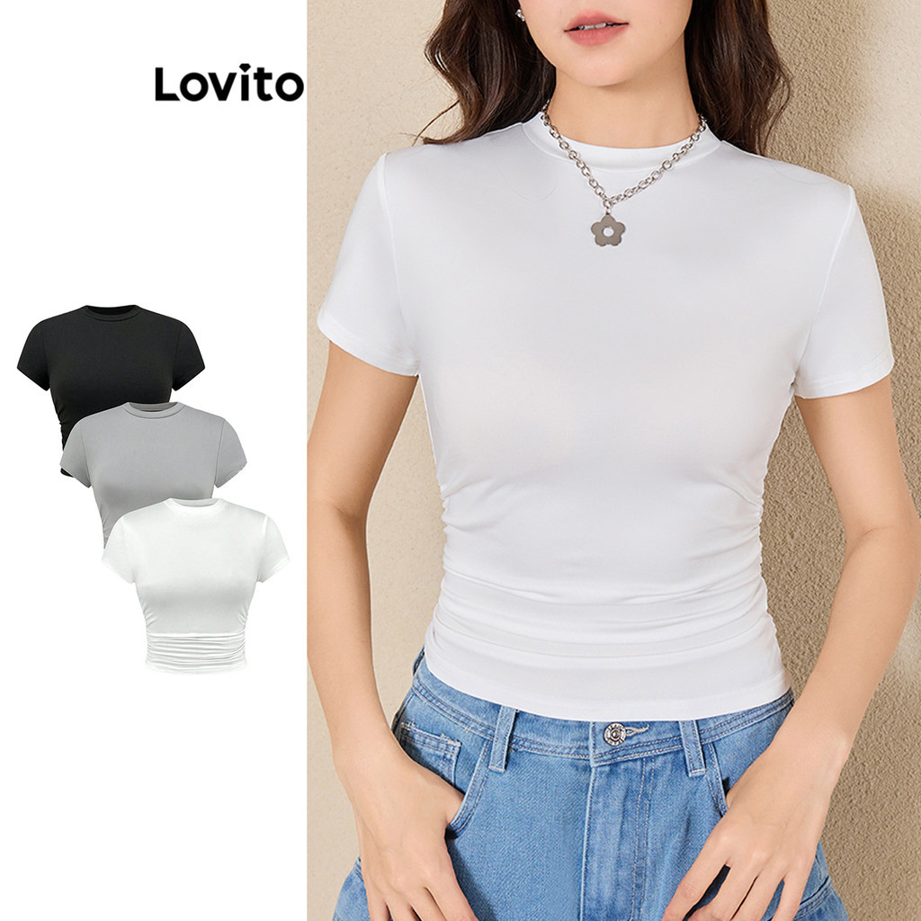 Lovito เสื้อยืดเรียบง่ายจับจีบสำหรับผู้หญิง L109MD411