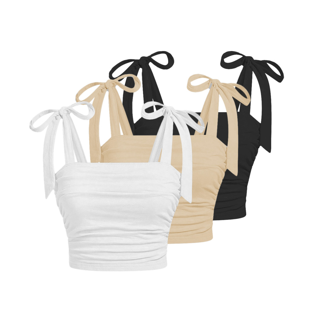 Lovito เสื้อครอปผู้หญิง ผูกไหล่ แต่งจีบ สีพื้น สไตล์ลำลอง L80ED131(หลากสี)