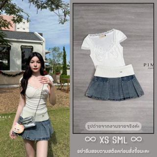 ❥XS-L ชุดเซ็ท เสื้อครอป แต่งลูกไม้ + กระโปรงยีนส์ น่ารักๆ งา…