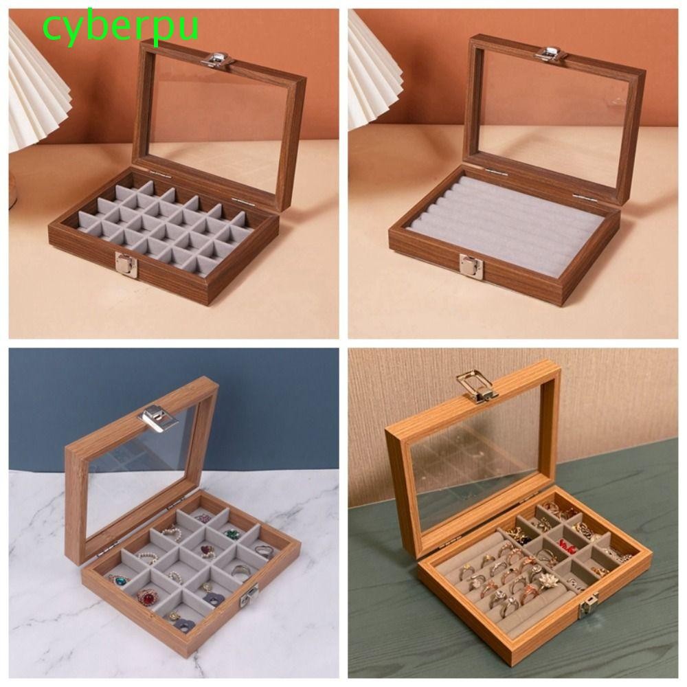 Cyberpullse กล่องเครื่องประดับไม้, Velvet Simple Jewelry Organizer, Fashion Glass Lis Large Capacity Storage Box Jewelry Display Ring/Earring Display