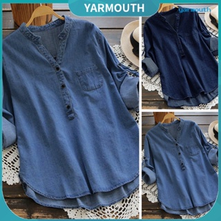 Yyr-- เสื้อเชิ้ตยีน แขนยาว คอวี ทรงหลวม กระดุมแถวเดียว สีพื้น สไตล์สตรีท สําหรับผู้หญิง