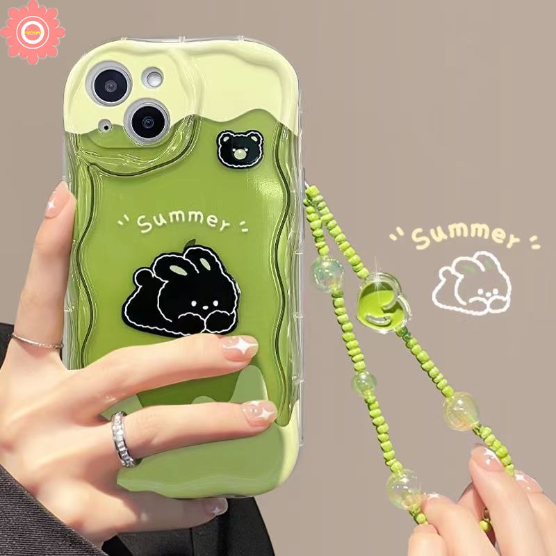 เคสโทรศัพท์มือถือ ลายกระต่าย ไอศกรีมน่ารัก 3D ขอบโค้ง สีเขียวมัทฉะ พร้อมสายคล้องข้อมือ สําหรับ IPhone 11 14 13 12 Pro MAX 7 6S 6 8 Plus XR X XS MAX SE 2020