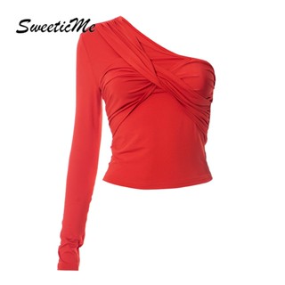 Sweeticme ใหม่ เสื้อยืดลําลอง แขนสั้น สีพื้น ผูกปม ไม่สมมาตร แฟชั่นสําหรับสตรี 2023