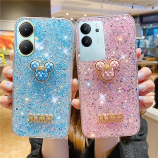 พร้อมส่ง เคสโทรศัพท์มือถือ ซิลิโคนนุ่ม TPU ใส แต่งเลื่อมฟอยล์สีทอง ลายการ์ตูนหมีน่ารัก แฟชั่น สําหรับ VIVO V29 Y27 Y36 Y78 Y02T Y02A 4G 5G 2023