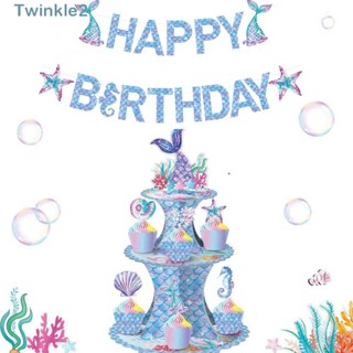 Twinkle ขาตั้งเค้ก ลายธงนางเงือก สีฟ้า สําหรับตกแต่งงานวันเกิด 3 ชิ้น