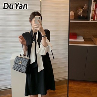 Du Yan ชุดเดรส เข้ารูป สีดํา สไตล์เกาหลี แฟชั่นฤดูใบไม้ร่วง สําหรับผู้หญิง