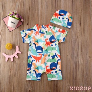 Kidsup-ชุดว่ายน้ําเด็กผู้ชายตัวเล็ก พร้อมหมวกว่ายน้ํา แขนสั้น คอจําลอง ชุดว่ายน้ํา