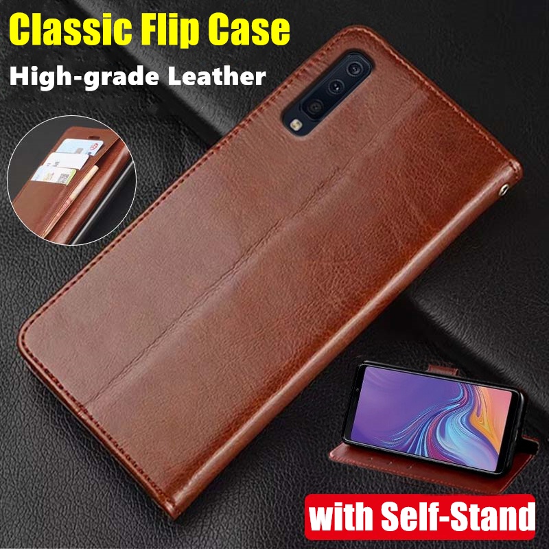เคสหนังวัวแท้ ฝาพับ พร้อมช่องใส่บัตร ขาตั้ง สไตล์วินเทจ สําหรับ Samsung Galaxy A7 2018 SM-A750F A750FN A750