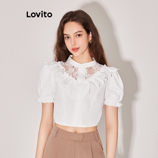 Lovito เสื้อเบลาส์ ลูกไม้ เข้ารูป แต่งระบาย การตัดเย็บผ้า สีพื้น สำหรับผู้หญิง L59ED066 (สีขาว)