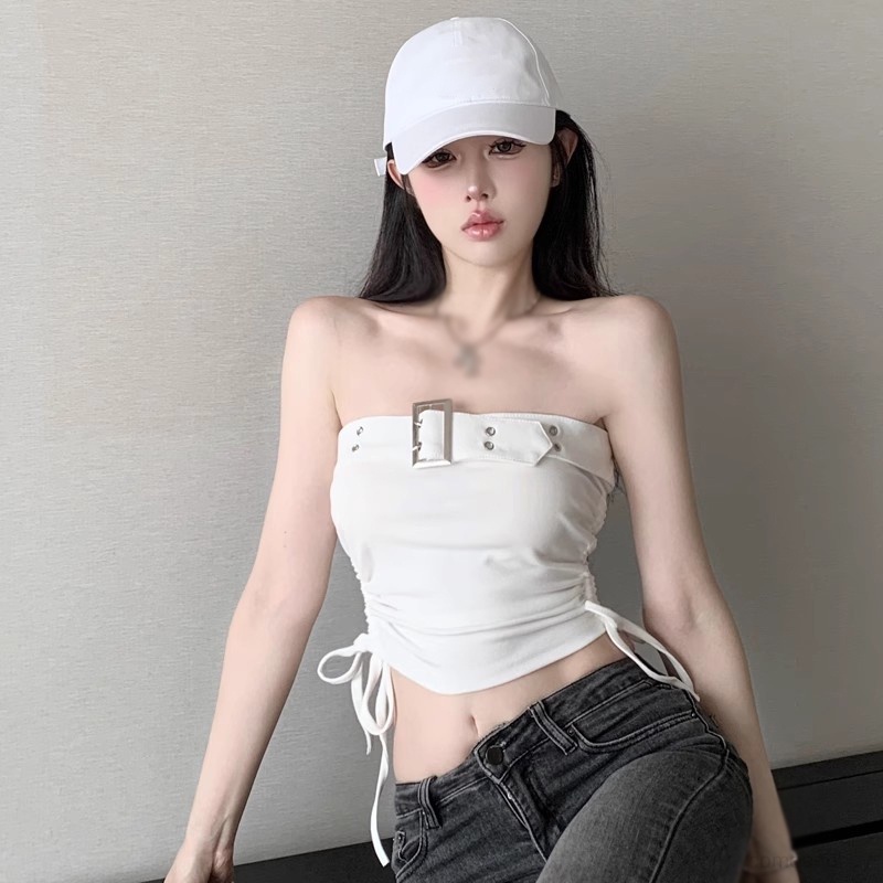เสื้อสายเดี่ยวเซ็กซี่ แต่งจับจีบ เข้ารูป สีพื้น แฟชั่นฤดูร้อน สําหรับผู้หญิง