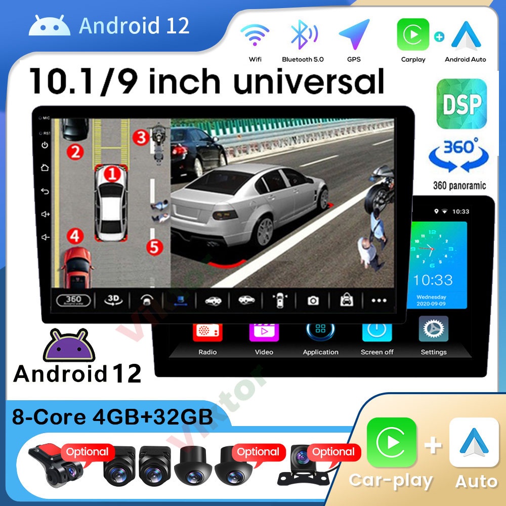 【พร้อม Carplay 】เครื่องเล่น 8 แกน 4G Ram+32G Android 2din Android 12 วิทยุบลูทูธ รองรับกล้องพาโนรามา 360