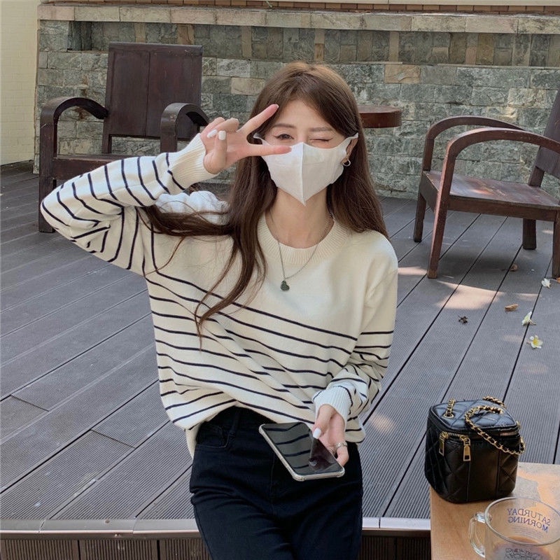 Bh เสื้อกันหนาวแขนยาว ผ้าถัก ลายทาง ทรงหลวม แฟชั่นฤดูใบไม้ร่วง ฤดูหนาว สําหรับผู้หญิง