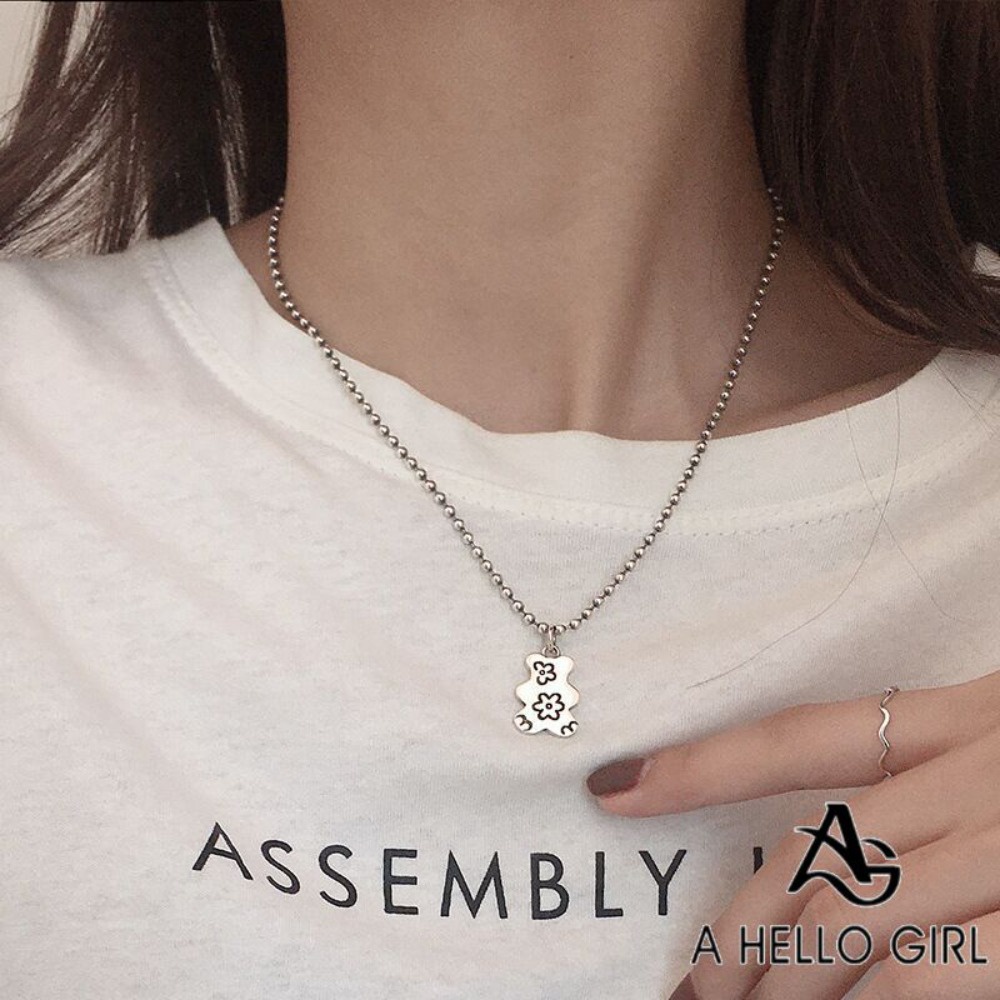 A HELLO GIRL สร้อยคอสเตนเลส ลายการ์ตูนหมีน่ารัก แบบแฮนด์เมด สำหรับผู้หญิง