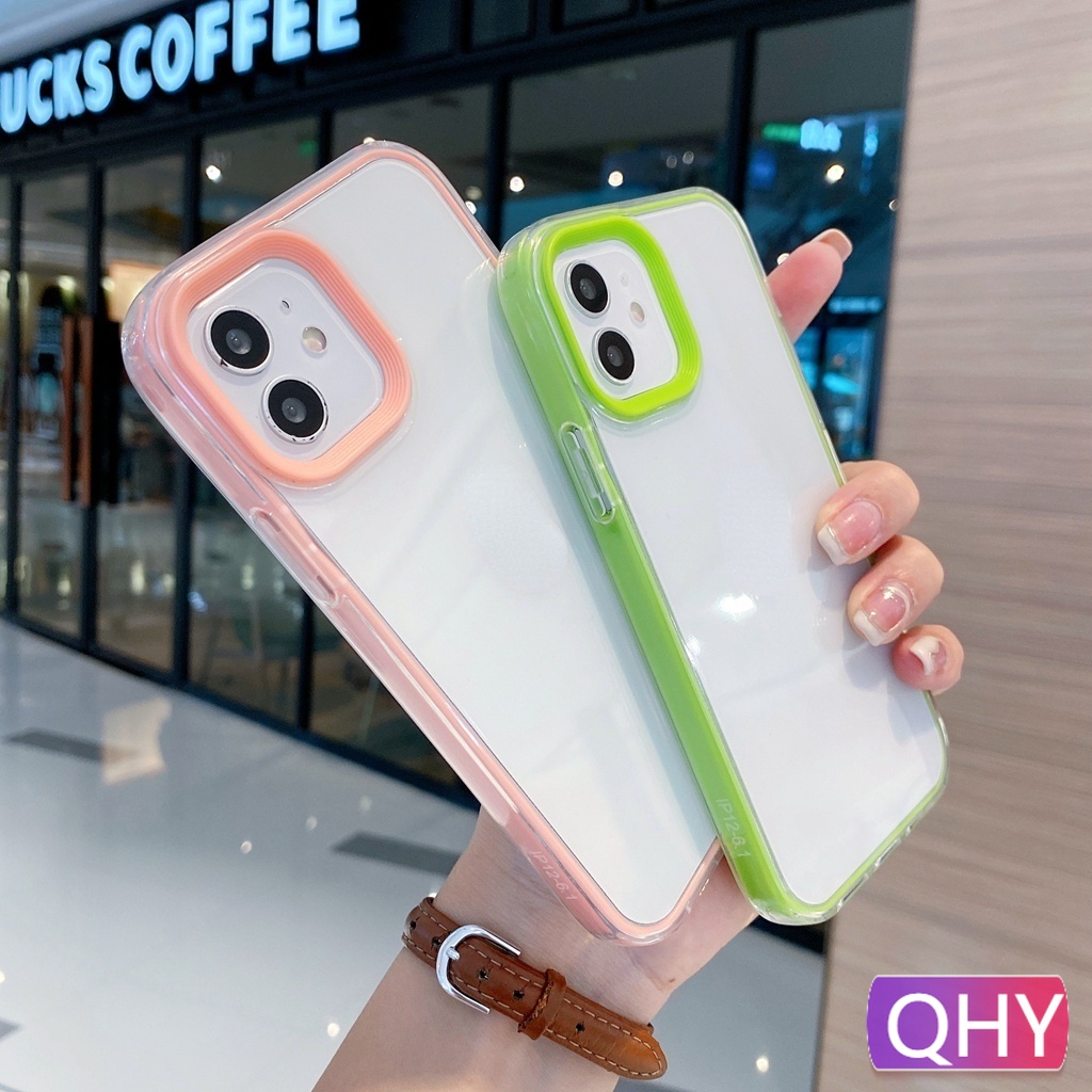 QHY - ใช้งานร่วมกับ iphone กรณี 17 air 16 15 6 6s 7 8 plus XR 11 12 14 13 pro max สีเขียวสีชมพูกรอบผสมโปร่งใส 2 ใน 1 drop resistance Thicken