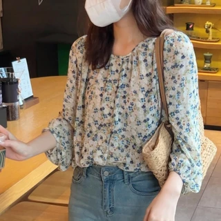 ทพร้อมส่ง！เสื้อเชิ้ตแขนยาวลายดอก ผ้าชีฟองทรงหลวม สไตล์เกาหลี ฝรั่งเศส พลัสไซส์ เหมาะใส่วันสงกรานต์ ผ้าเบาสบาย