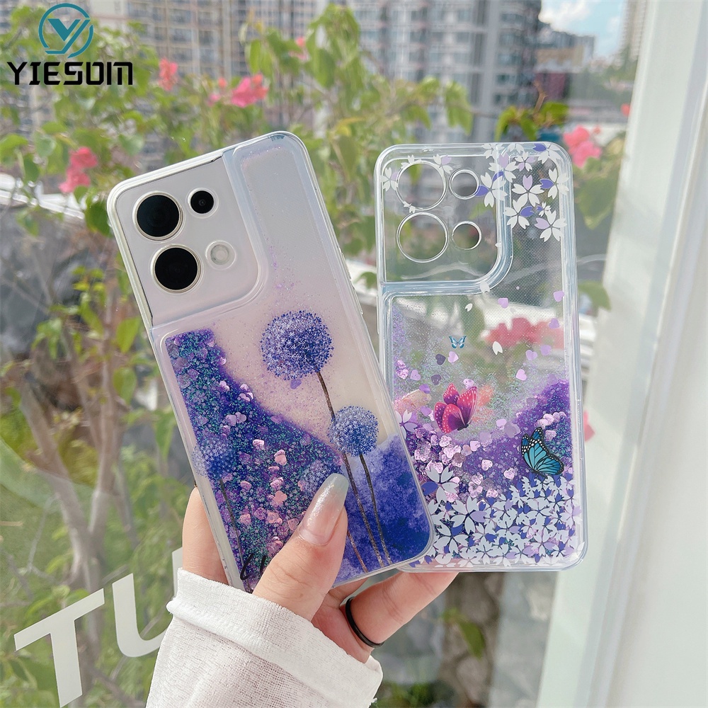 เคสโทรศัพท์มือถือแบบนิ่ม ใส มีทรายไหล แต่งกลิตเตอร์ ลายผีเสื้อ ดอกแดนดิไลออน ระยิบระยับ สําหรับ Vivo V29 V27 V25 V23 Pro 5G V27E V25E V23E