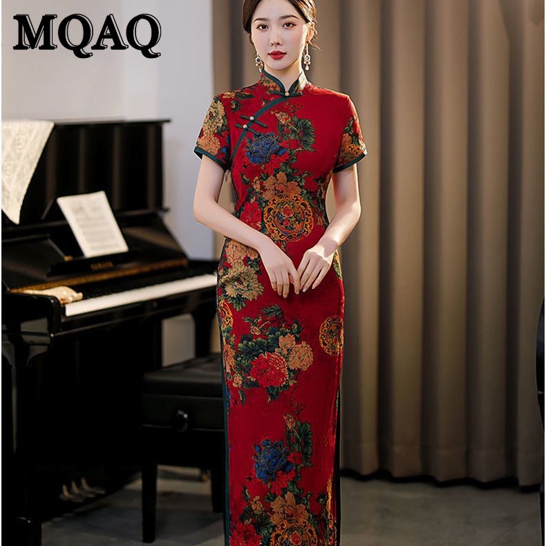 Mqaq ชุดกี่เพ้า กระโปรงยาวปานกลาง แขนสั้น สไตล์ย้อนยุค