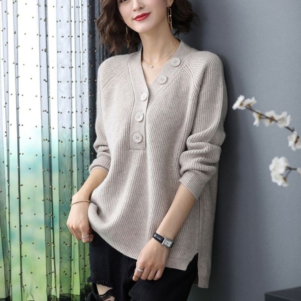 เสื้อกันหนาว คอวี แขนยาว ผ้าถัก สีพื้น สําหรับผู้หญิง