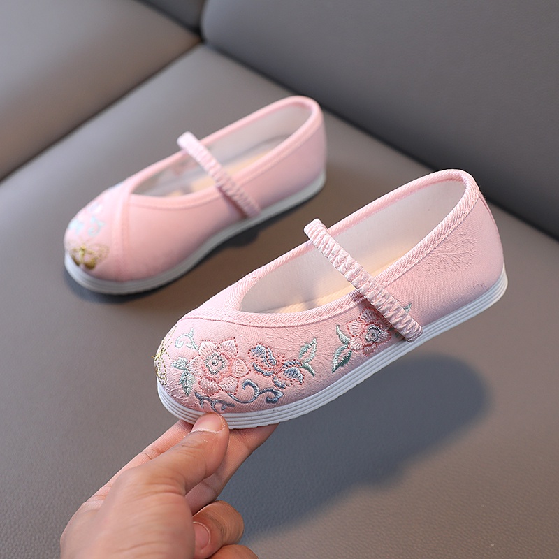 รองเท้า ปักลาย สีชมพู สไตล์จีนย้อนยุค สําหรับเด็กผู้หญิง อายุ 1-12 ปี