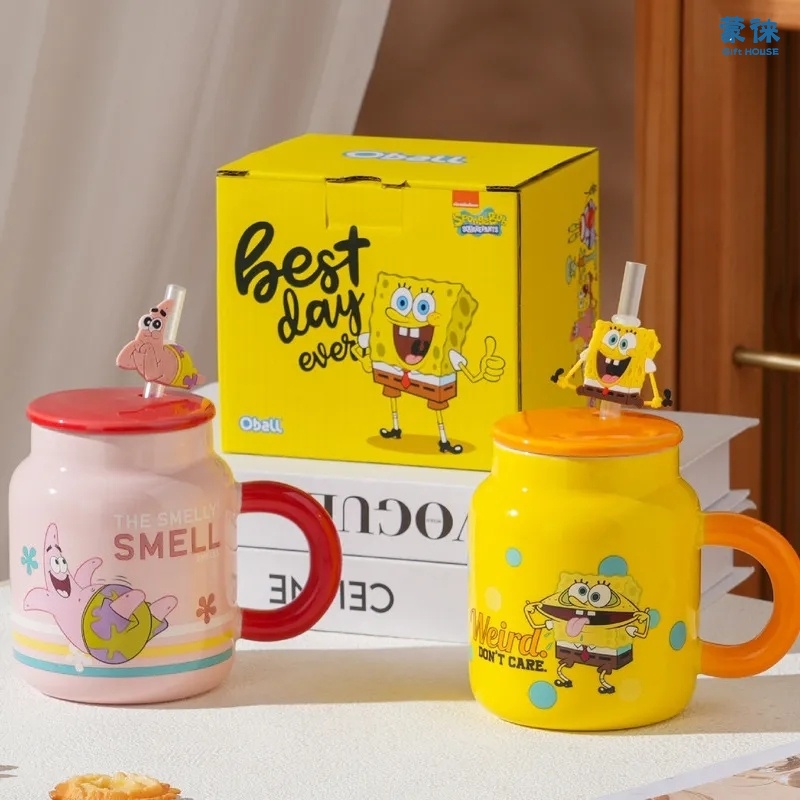 Spongebob Squarepants Patrick Star แก้วเซรามิคพร้อมฝาปิด Kawaii อะนิเมะทนต่ออุณหภูมิสูงถ้วยดื่มสําหรับเพื่อนของขวัญ