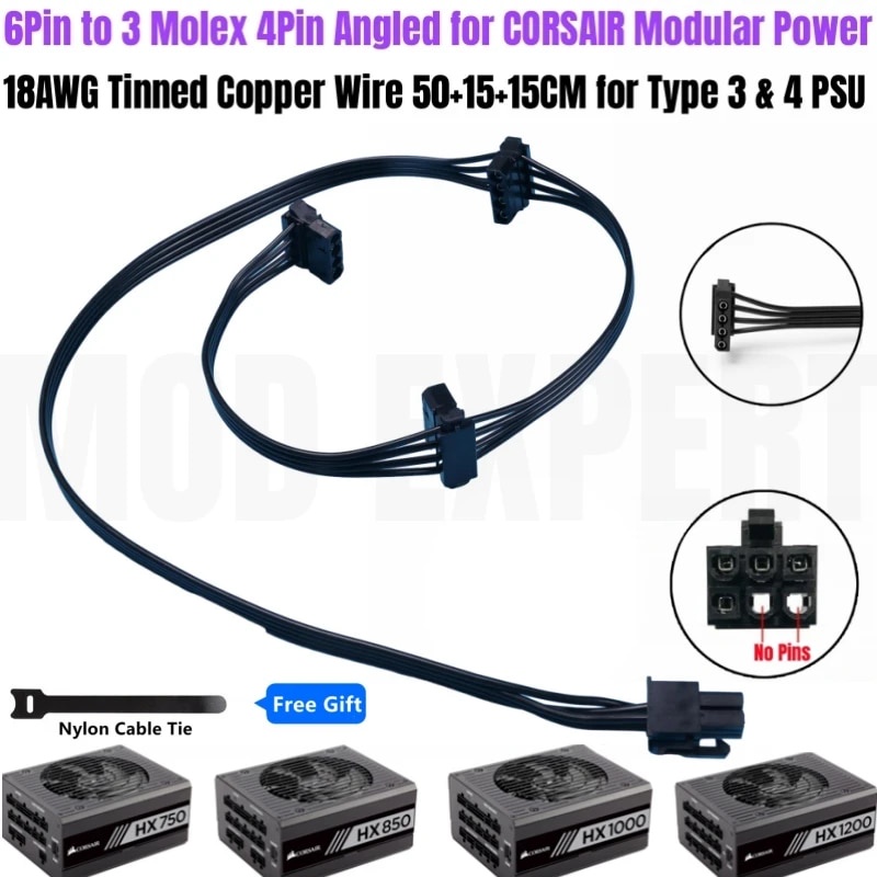 6Pin ถึง 3 Molex 4Pin IDE PATA Perif Cooler พัดลมสายไฟมุมสําหรับ CORSAIR HX750 HX850 HX1000 HX1200 T