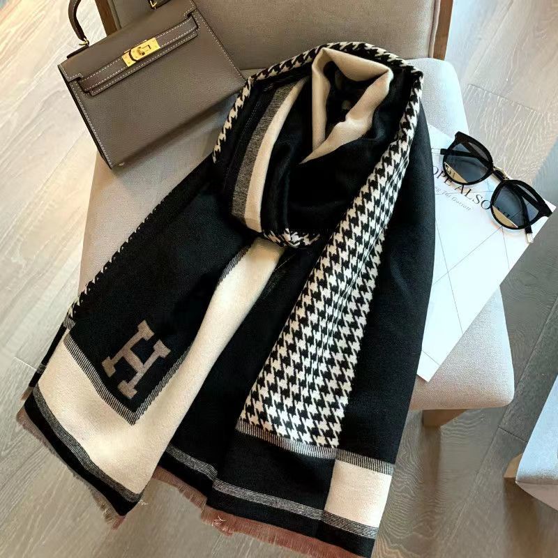 Hermes ผ้าพันคอ ผ้าคลุมไหล่ สองด้าน พิมพ์ลายตัวอักษร H แฟชั่นฤดูใบไม้ร่วง และฤดูหนาว สําหรับผู้หญิง