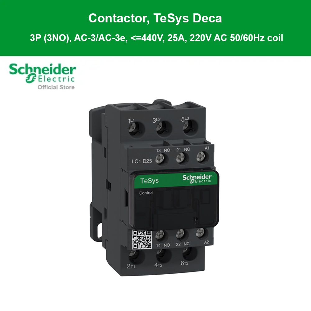 Schneider Electric Contactor,TeSys Deca,3P(3NO),AC-3/AC-3e,<=440V,25A,220V AC 50/60Hz coil (LC1D25M7)