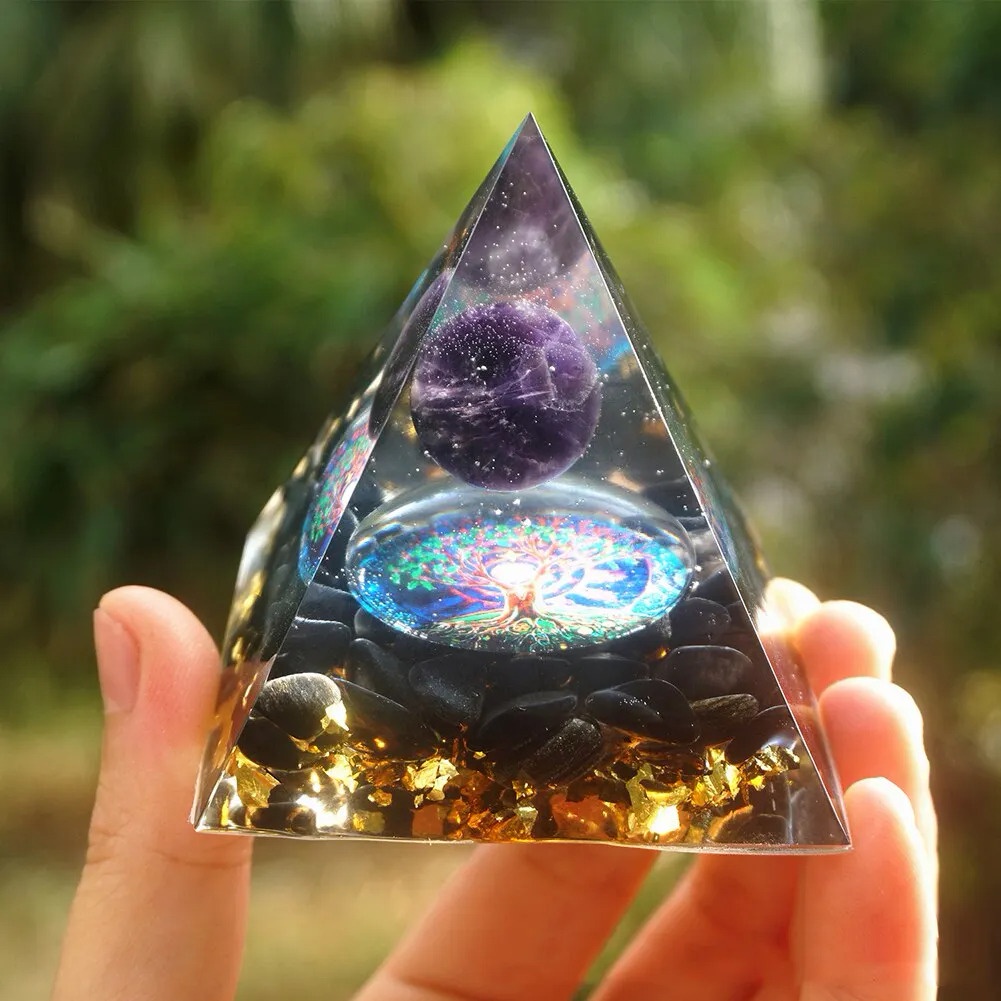 Energy Pyramid Orgonite Reiki Natural Amethyst Ball Healing Crystals Chakra Tool Ornaments Resin Sto