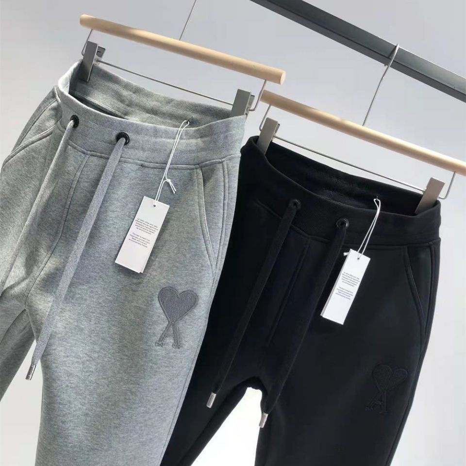 เวอร์ชั่นเกาหลีกางเกง Sweatpants AMI ปักกางเกงหลวม Sweatpants ขนแกะซับคู่ Casual