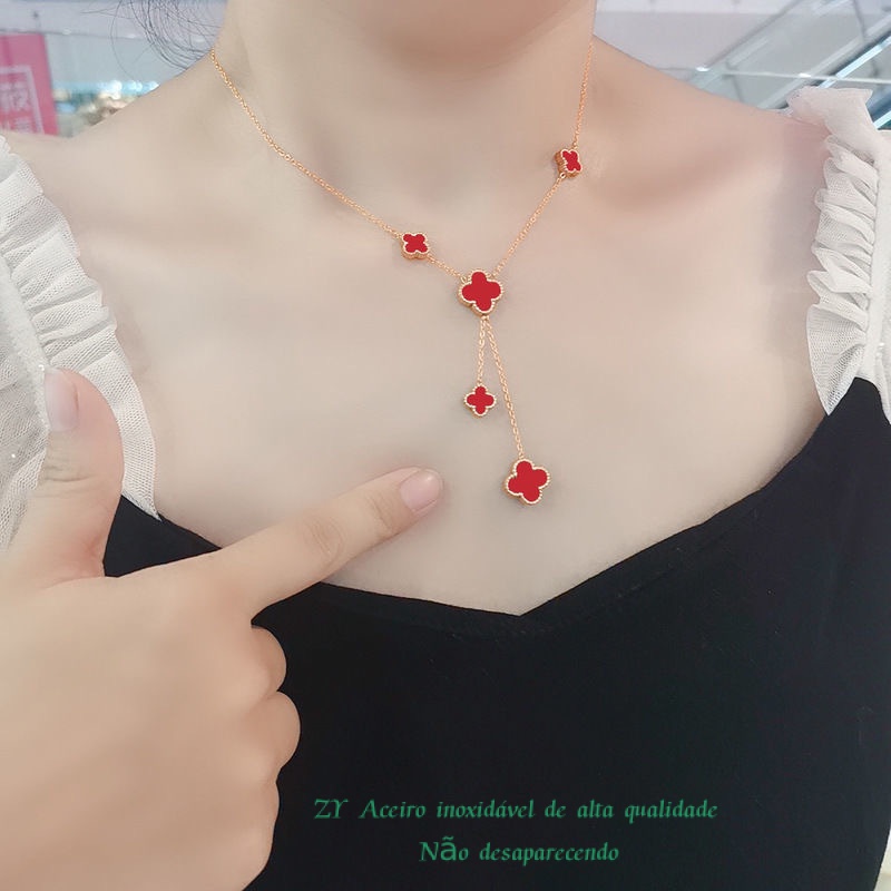 สร้อยคอ จี้ใบโคลเวอร์สี่แฉก สองด้าน หรูหรา ขนาดเล็ก ให้ความรู้สึกสูง สําหรับผู้หญิง