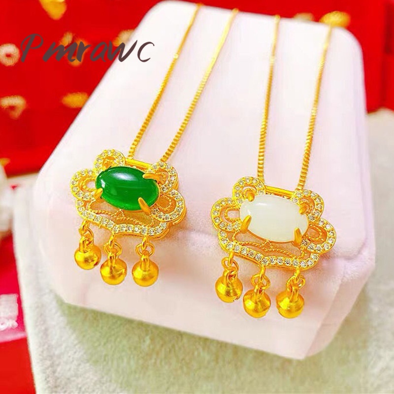Pmrwc | Gold-Plated ฝัง Chalcedony ล็อค Good Wishes จี้แฟชั่น Lady Diamond-Studded สร้อยคอ FJ1185