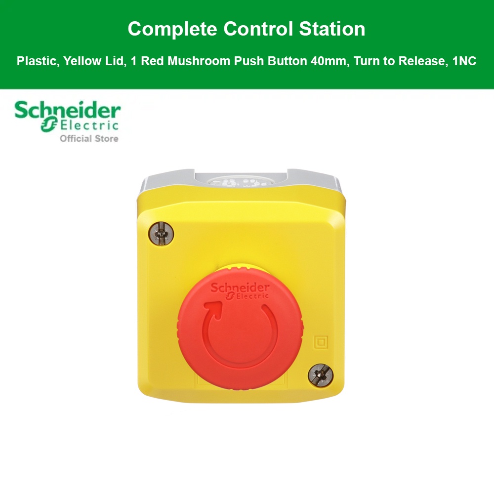 Schneider Electric สวิตซ์กดดอกเห็ด 40มม. สีแดงกดล็อก หมุนเด้งกลับ (กล่องสีเหลือง) รหัส XALK178 - ชไน