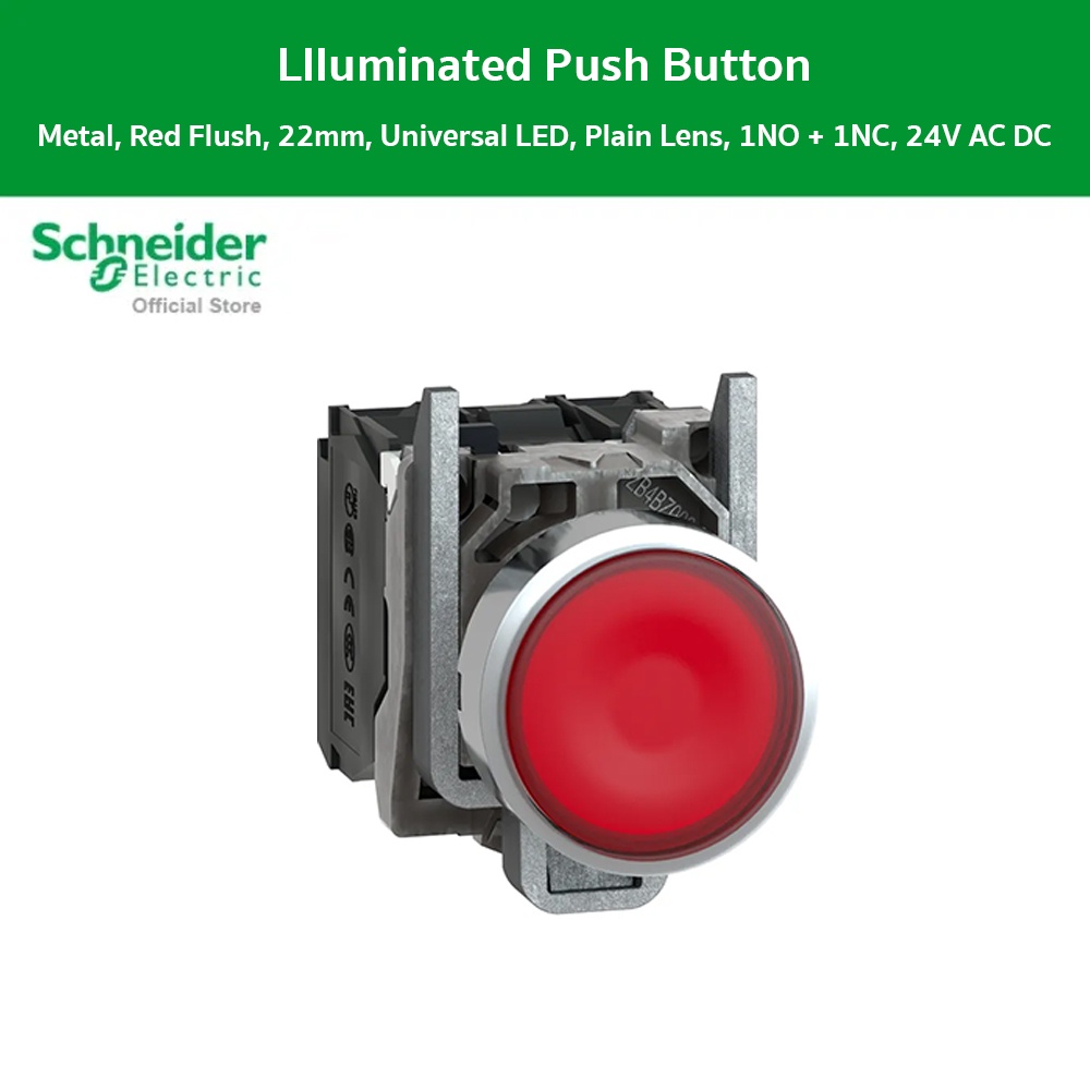 Schneider Electric - XB4BW34B5 - สวิตช์ปุ่มกดมีไพล็อทแลมป์ แบบ LED หัวเรียบ - กดเด้ง Ø22 mm. สีแดง 1